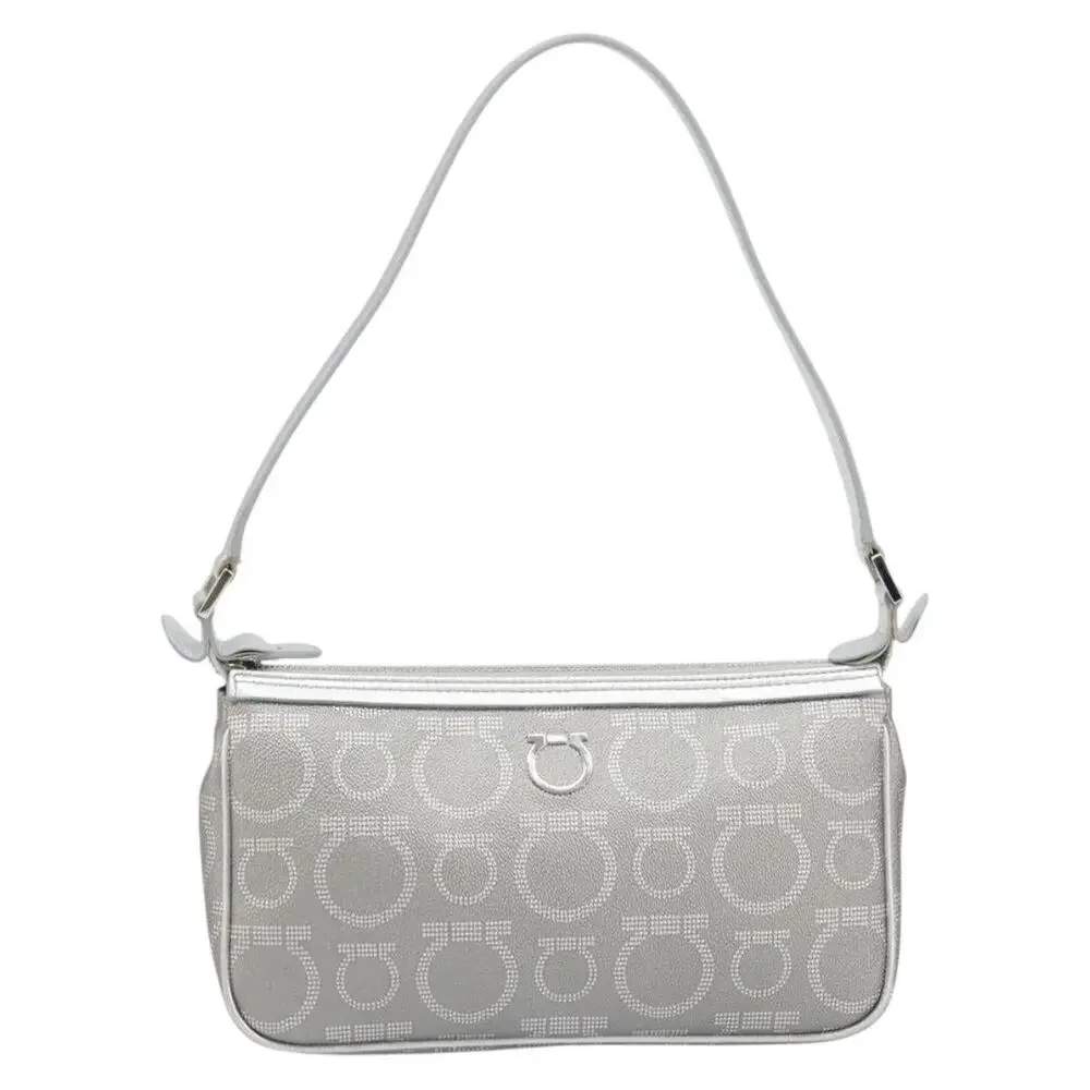 Salvatore Ferragamo Leather Coated Canvas Hand Pouch Silver